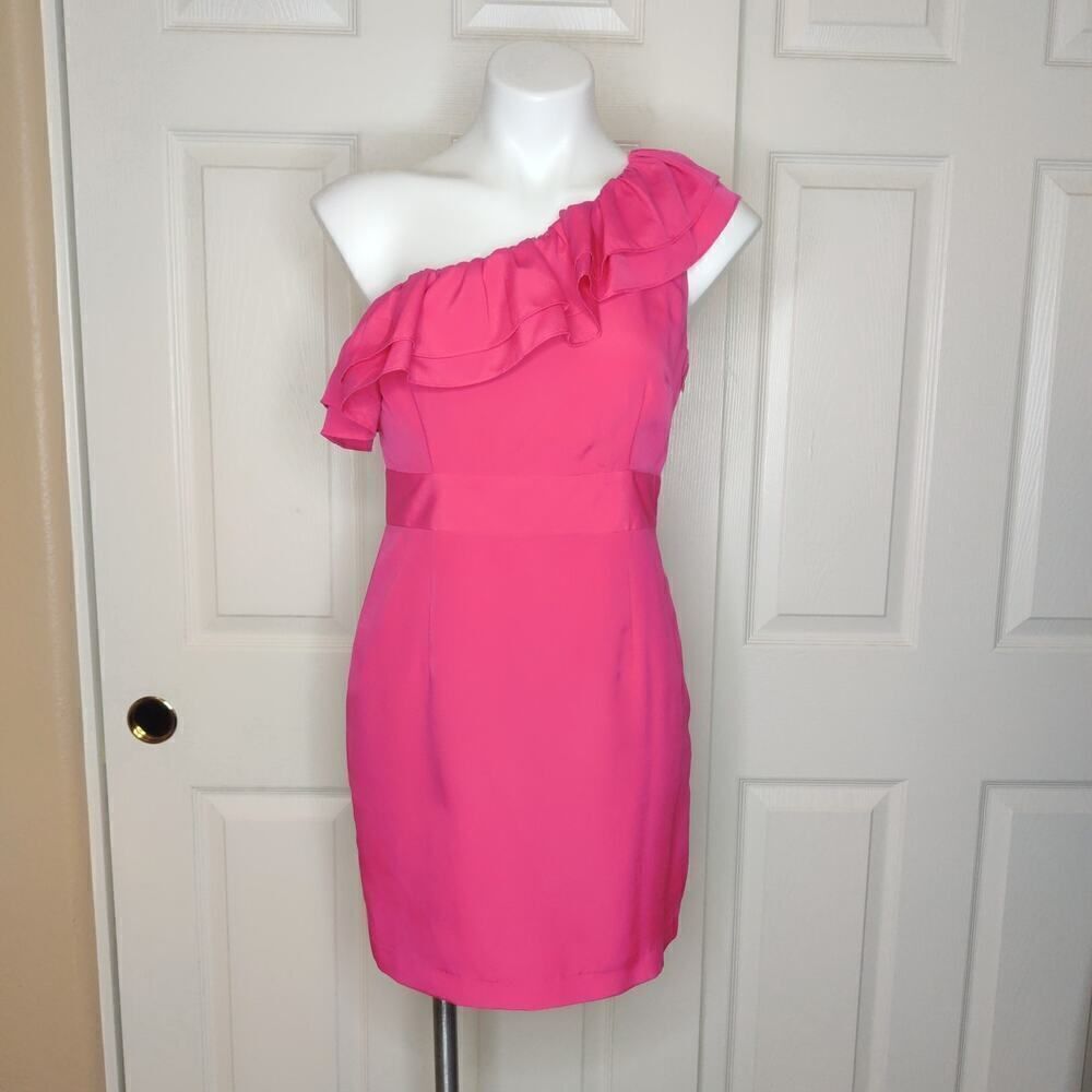 Forever 21 hot pink ruffle one shoulder sheath dress sz M